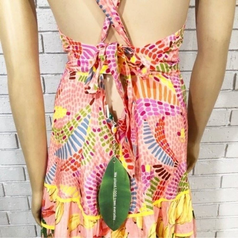 Farm Rio Mixed Pink Prints Maxi Dress Tropical Banana Tiered Halter Multi S - Picture 13 of 16